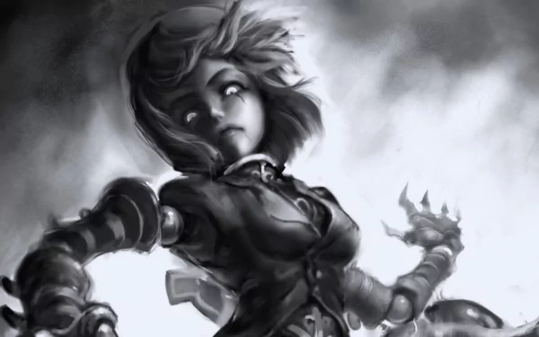 Monochrome HD desktop wallpaper of Orianna from the video game League of Legends, a clockwork, robotic woman frozen in a dynamic, eerie pose.