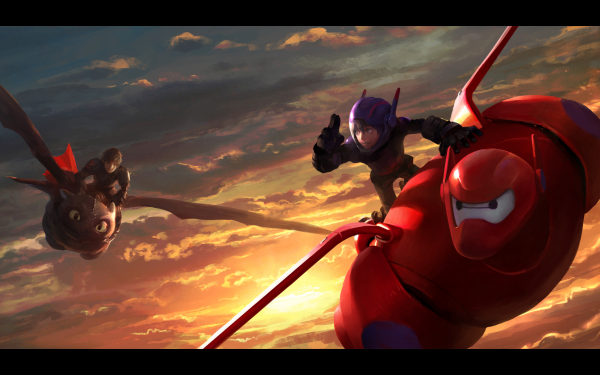 Movie Crossover Big Hero 6 How to Train Your Dragon 2 Dragon Sky Baymax Hiro Hamada HD Wallpaper | Background Image