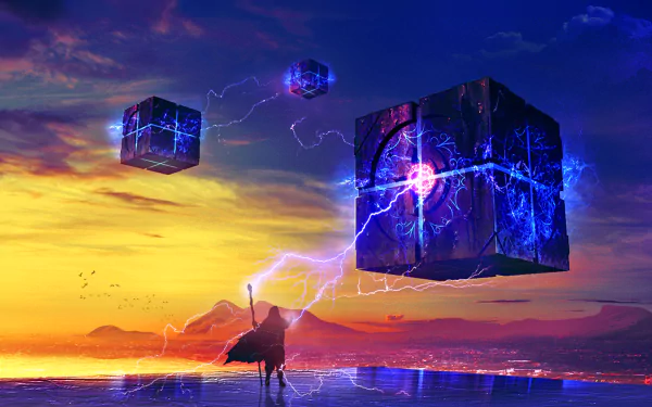 HD fantasy PC desktop wallpaper featuring a magical scene with a cloaked figure conjuring lightning toward floating glowing cubes in a vibrant sunset sky.