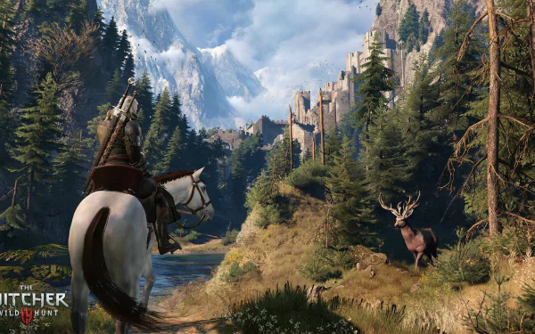 A serene HD wallpaper from The Witcher 3: Wild Hunt features Geralt of Rivia on horseback facing a majestic landscape with mountains, a river, and a deer near a distant castle.