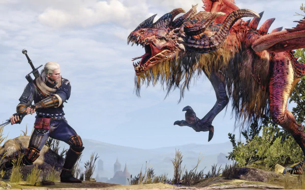 Geralt of Rivia faces a fierce monster in this vibrant HD wallpaper from The Witcher 3: Wild Hunt, showcasing an intense battle in a stunning fantasy landscape.