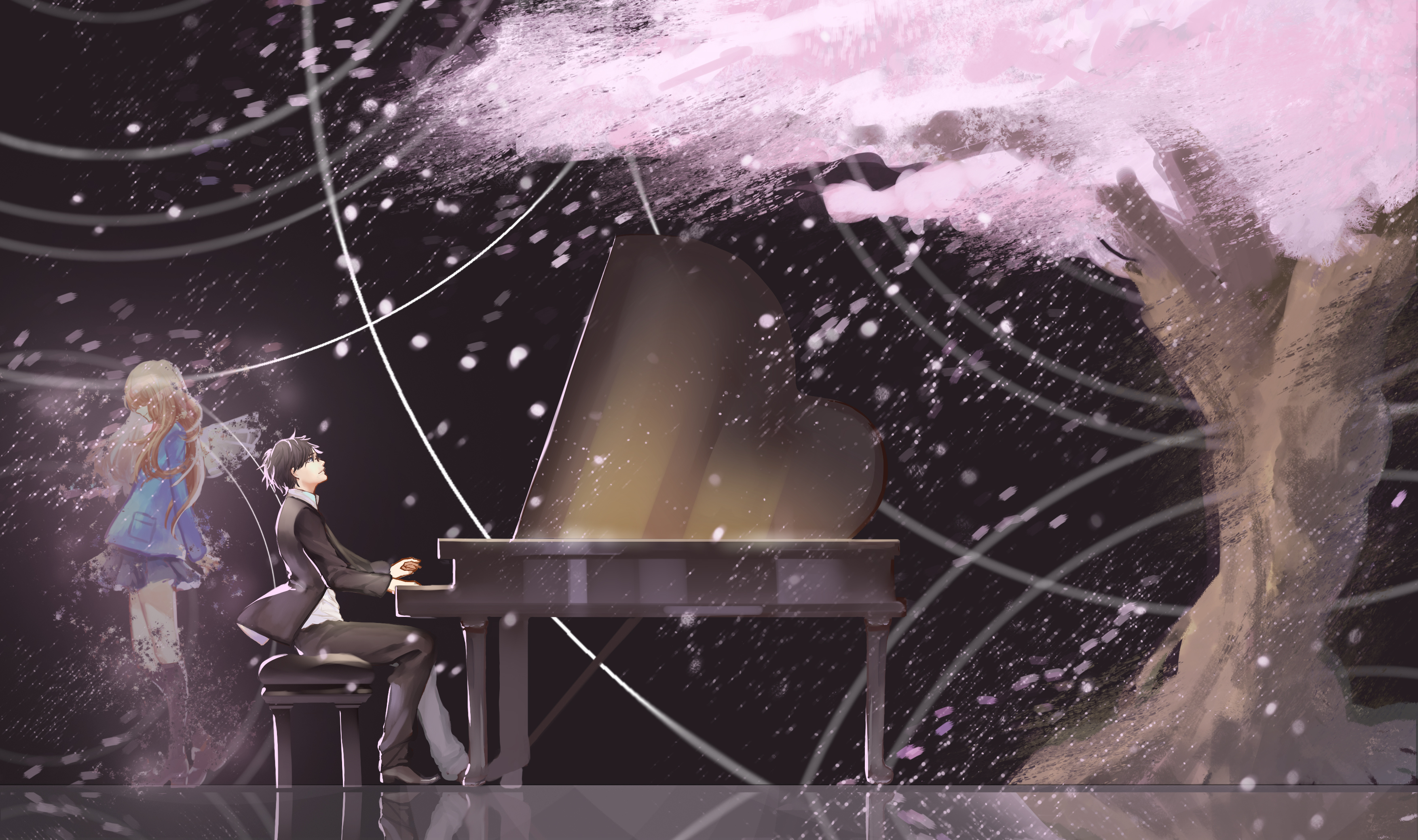 HD wallpaper of Your Lie in April featuring Kaori Miyazono and Kousei Arima with cherry blossoms and a piano in a magical, starry setting.