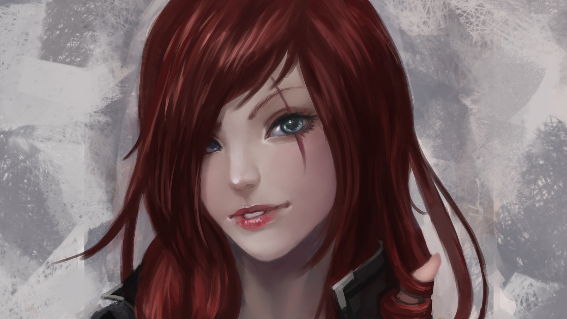 A detailed HD PC desktop wallpaper featuring Katarina from League of Legends, showcasing her striking green eyes and distinct scar, set against a textured background.