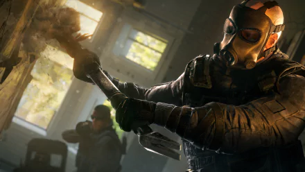 HD wallpaper featuring Sledge from Tom Clancy's Rainbow Six: Siege, wielding a breaching hammer in an action-packed scene.