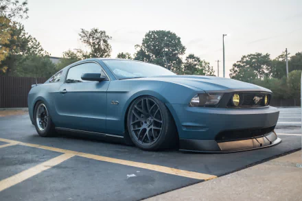 A sleek Ford Mustang Shelby GT500 parked with a striking lowered stance, showcasing its muscle car design and custom tuning features, set against a tranquil outdoor background.