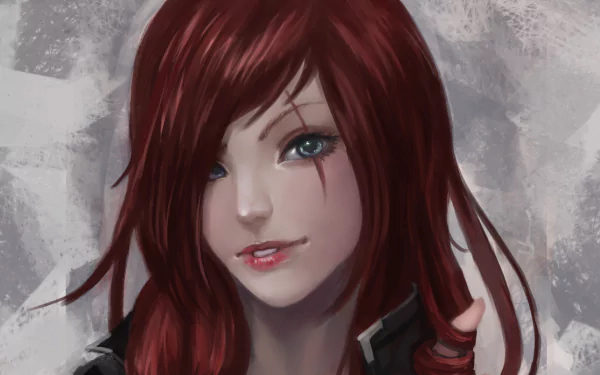 A detailed HD PC desktop wallpaper featuring Katarina from League of Legends, showcasing her striking green eyes and distinct scar, set against a textured background.
