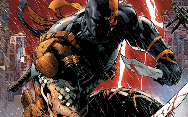 Slade Wilson, known as Deathstroke, charges forward with a knife in this dynamic HD comic-themed wallpaper, showcasing his fierce presence against a vibrant backdrop.