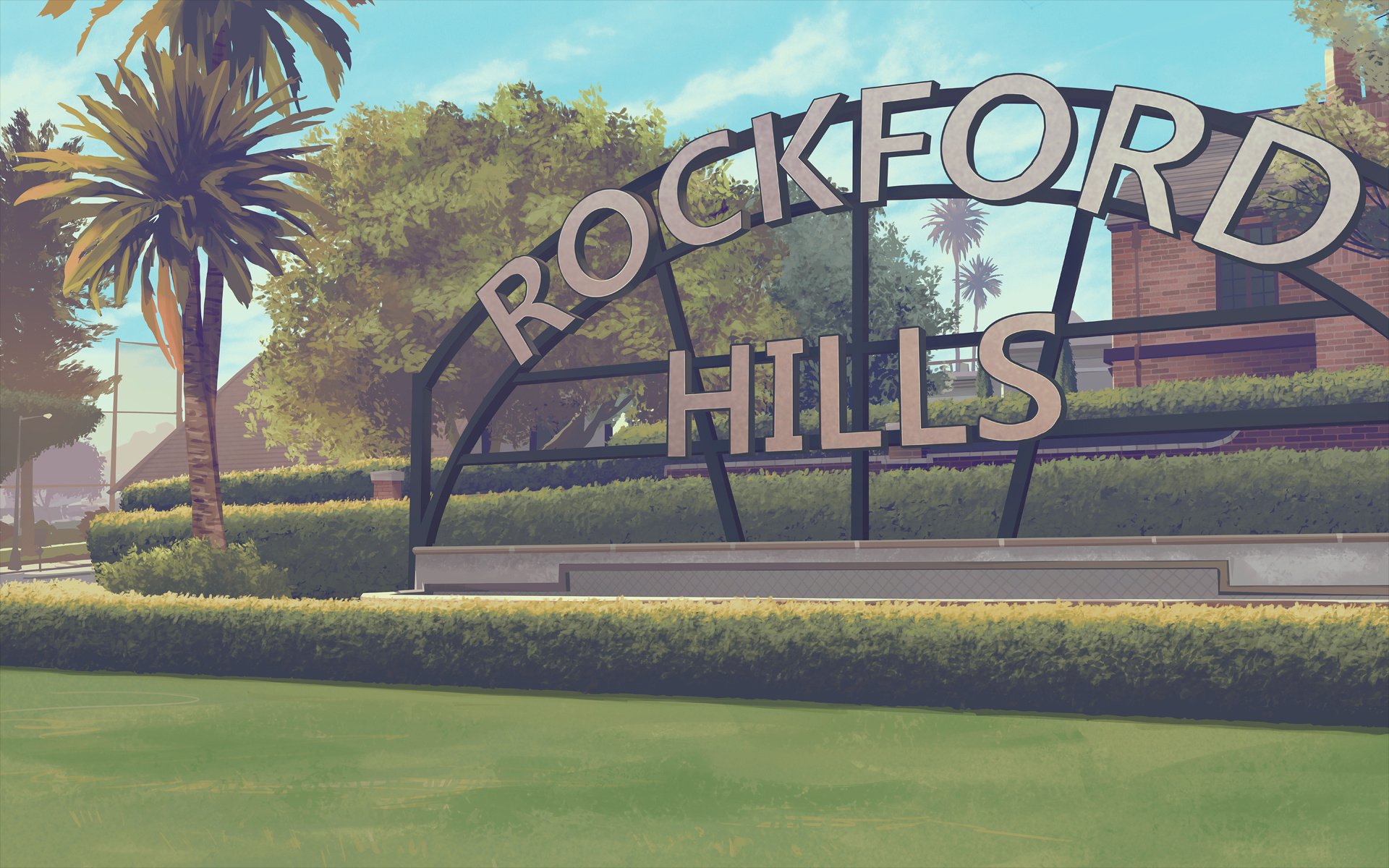A vibrant HD wallpaper showcasing the iconic Rockford Hills sign from Grand Theft Auto V, surrounded by lush greenery and palm trees, capturing the game's distinct aesthetic.