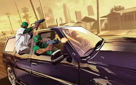 HD desktop wallpaper and background featuring intense action from Grand Theft Auto V, showing two characters shooting from a moving car in a cityscape.