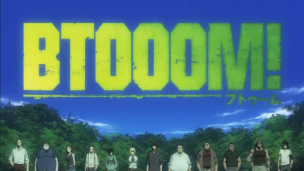 Anime-themed HD wallpaper featuring characters from Btooom! including Nobutaka Oda, Masashi Miyamoto, and Himiko, set against a vibrant blue sky.