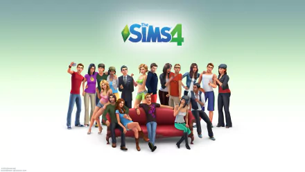 A vibrant HD wallpaper featuring diverse characters from The Sims 4, gathered around a couch, showcasing the game's lively social interactions and unique styles.