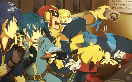 HD PC desktop wallpaper featuring Samus Aran, Pikachu, Mario, and other video game characters from Super Smash Bros. Brawl in a dynamic, action-packed scene.