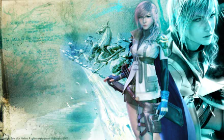A stunning HD desktop wallpaper featuring Lightning (Claire Farron) from Final Fantasy XIII, showcasing her fierce presence amidst an ethereal, blue-toned background.