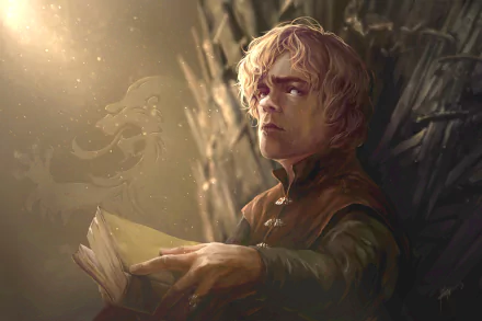 Tyrion Lannister reads a book in a dimly lit scene, surrounded by the Iron Throne, capturing the essence of his character from the TV show Game of Thrones. An HD wallpaper for fans.