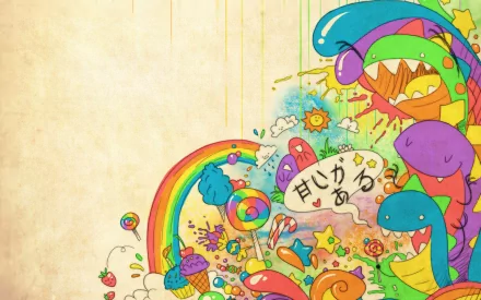 A colorful, funny koomal-themed HD desktop wallpaper featuring whimsical monsters, rainbows, candy, and playful elements bursting from the bottom right corner against a beige background.