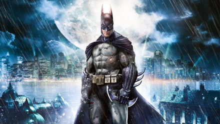 HD wallpaper featuring Batman from Batman: Arkham Asylum, depicting him in a rain-soaked cityscape with a full moon, showcasing his muscular build and iconic cape.
