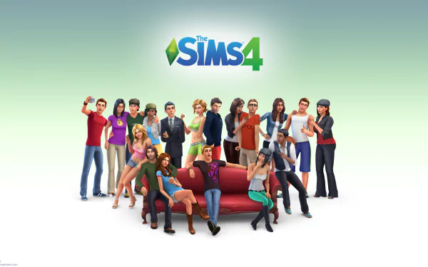 A vibrant HD wallpaper featuring diverse characters from The Sims 4, gathered around a couch, showcasing the game's lively social interactions and unique styles.