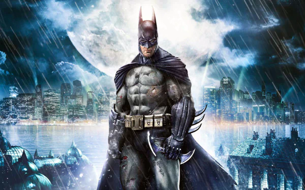 HD wallpaper featuring Batman from Batman: Arkham Asylum, depicting him in a rain-soaked cityscape with a full moon, showcasing his muscular build and iconic cape.