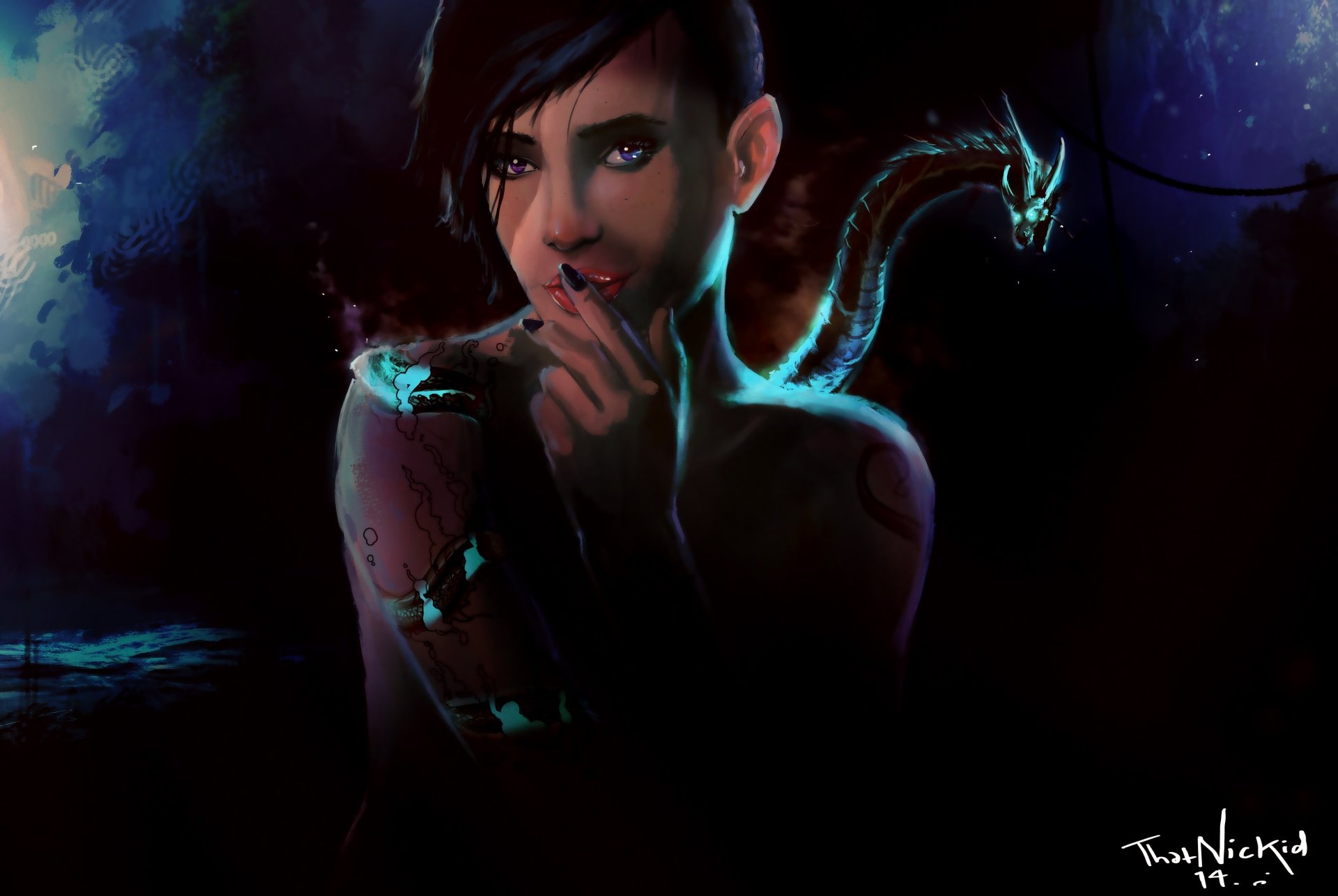 A captivating fantasy-themed 4K Ultra HD PC desktop wallpaper featuring a mysterious woman with glowing blue markings and a luminous serpent coiled around her.