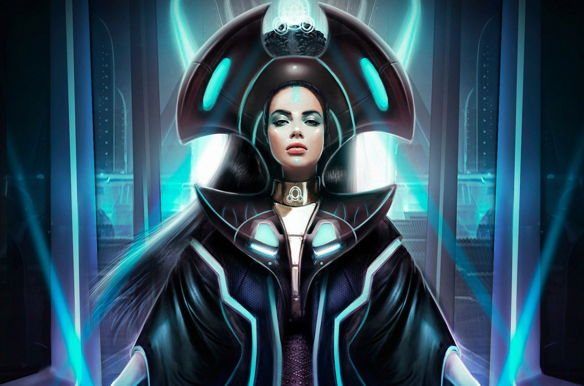 A captivating fantasy-themed HD wallpaper featuring a powerful woman adorned in futuristic attire, surrounded by glowing blue elements and intricate designs.