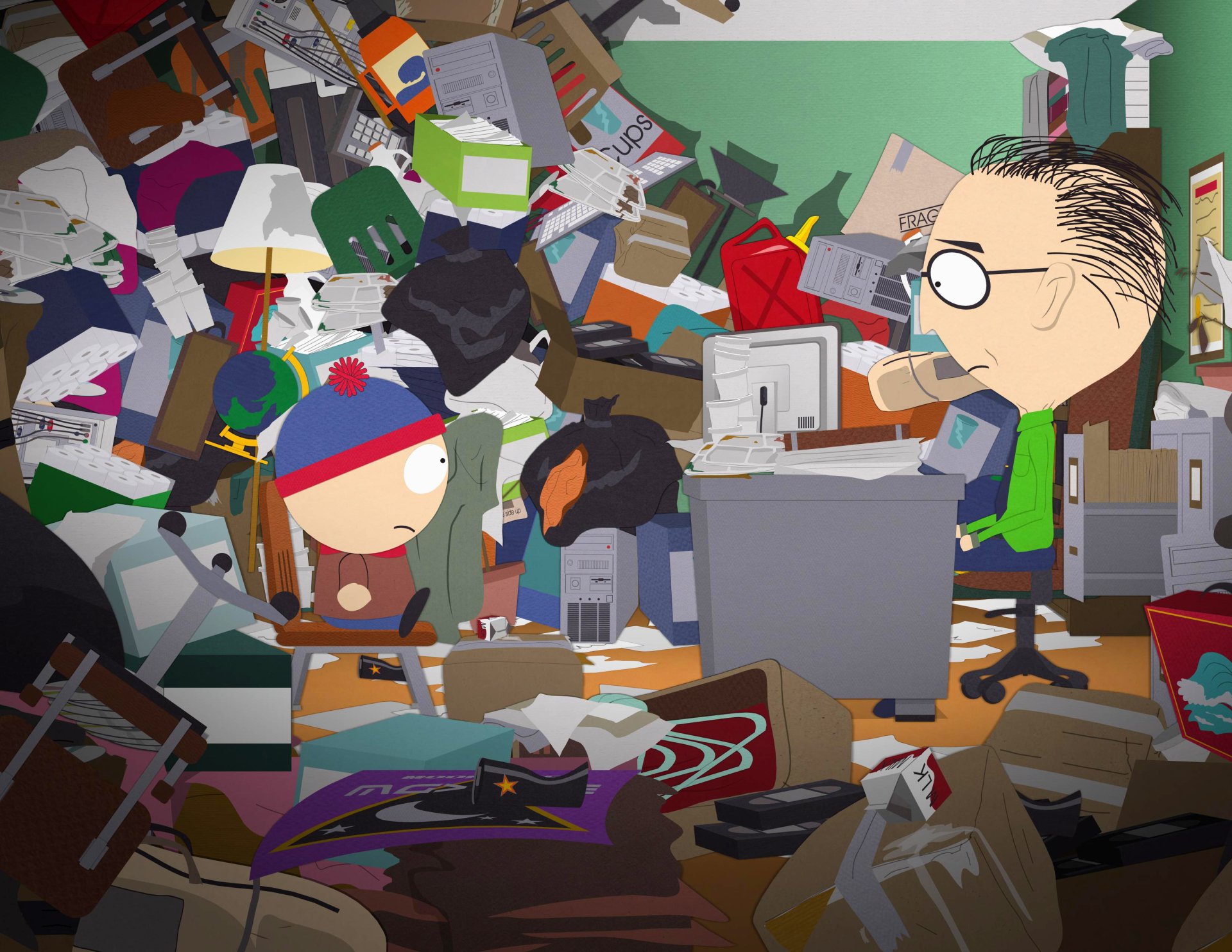South Park TV show scene: Mr. Mackey and Stan Marsh in a chaotic, clutter-filled room — 2K Quad HD PC desktop wallpaper and background.