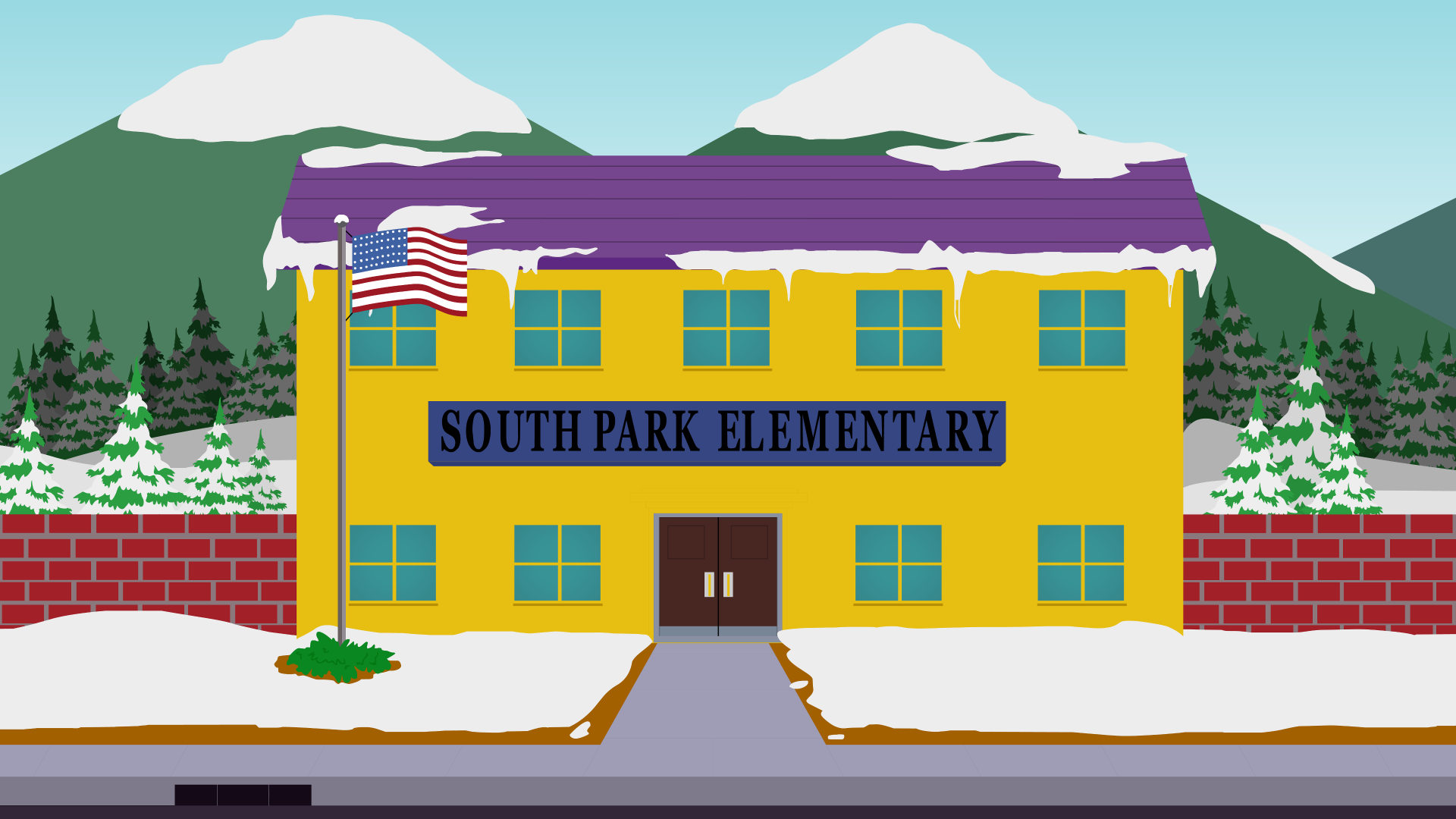 South Park TV show 4K Ultra HD PC desktop wallpaper: snowy South Park Elementary with purple roof, American flag, brick wall, mountains and evergreens.