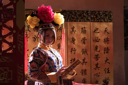 A Taiwanese woman dressed in traditional Chinese costume reads a scroll, set against a backdrop of calligraphy, captured in 4K Ultra HD detail.