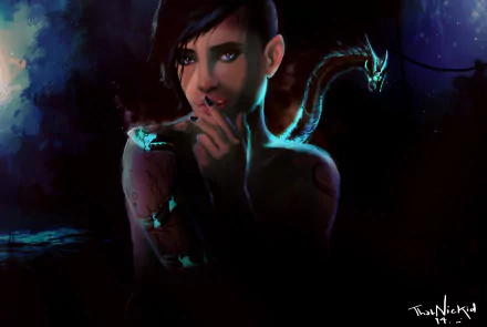 A captivating fantasy-themed 4K Ultra HD PC desktop wallpaper featuring a mysterious woman with glowing blue markings and a luminous serpent coiled around her.