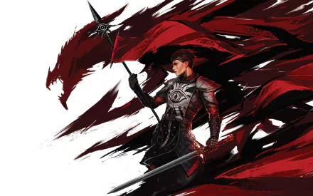 HD PC desktop wallpaper featuring a Dragon Age: Inquisition character wielding a sword with a red, dragon-shaped background in a dynamic, stylized design.