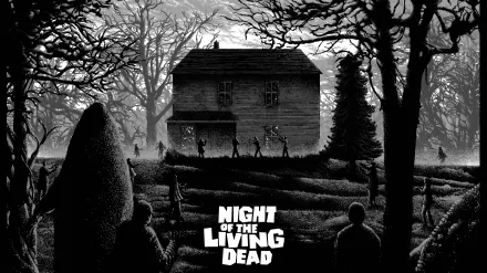4K Ultra HD PC desktop wallpaper featuring a dark, eerie scene from the movie Night of the Living Dead with silhouetted zombies approaching a haunted house.