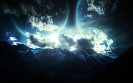 A stunning HD wallpaper showcasing dramatic clouds hovering over majestic mountains, set against a vibrant cosmic backdrop, evoking a sense of awe in nature.