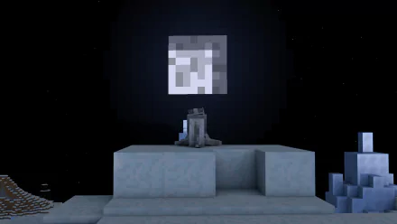 A Minecraft-inspired landscape featuring a wolf sitting on an icy platform under a pixelated moon, creating a serene and mystical atmosphere for a HD desktop wallpaper.