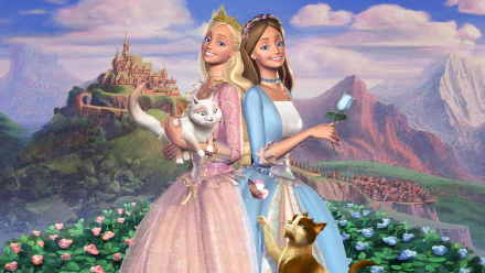 HD PC desktop wallpaper featuring Barbie as The Princess & the Pauper, showcasing two elegant characters in princess gowns with a castle and scenic background.
