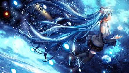 Anime-style HD desktop wallpaper featuring Hatsune Miku with long, flowing twintails in a vibrant, space-themed background. Miku is shown in a dynamic pose amidst celestial elements.