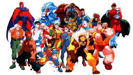 HD PC desktop wallpaper and background of the video game Marvel Super Heroes vs. Street Fighter: vibrant comic-style group portrait of iconic heroes and fighters.