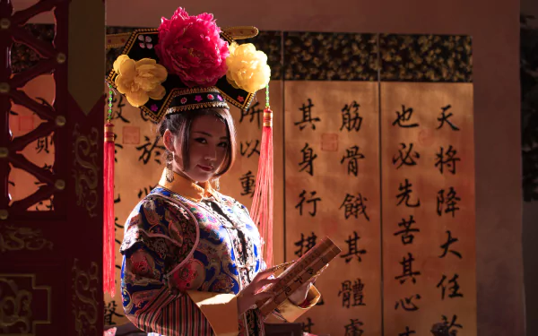 A Taiwanese woman dressed in traditional Chinese costume reads a scroll, set against a backdrop of calligraphy, captured in 4K Ultra HD detail.