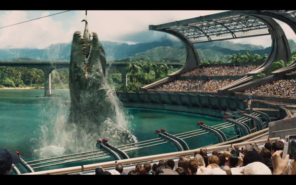 HD desktop wallpaper of a scene from Jurassic World featuring a dinosaur leaping out of the water in a crowded arena.
