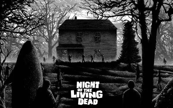 4K Ultra HD PC desktop wallpaper featuring a dark, eerie scene from the movie Night of the Living Dead with silhouetted zombies approaching a haunted house.