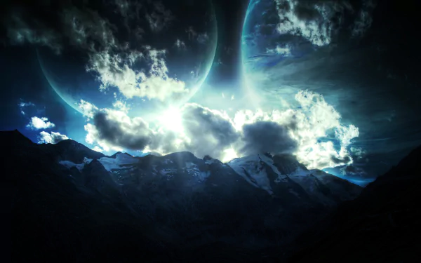 A stunning HD wallpaper showcasing dramatic clouds hovering over majestic mountains, set against a vibrant cosmic backdrop, evoking a sense of awe in nature.