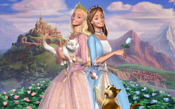 HD PC desktop wallpaper featuring Barbie as The Princess & the Pauper, showcasing two elegant characters in princess gowns with a castle and scenic background.