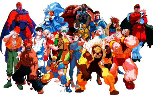 HD PC desktop wallpaper and background of the video game Marvel Super Heroes vs. Street Fighter: vibrant comic-style group portrait of iconic heroes and fighters.