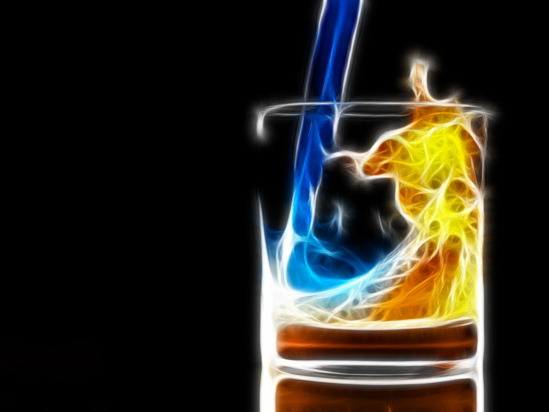 A visually striking HD desktop wallpaper depicting an artistic representation of blue and yellow elemental fluids swirling together in a glass against a black background.