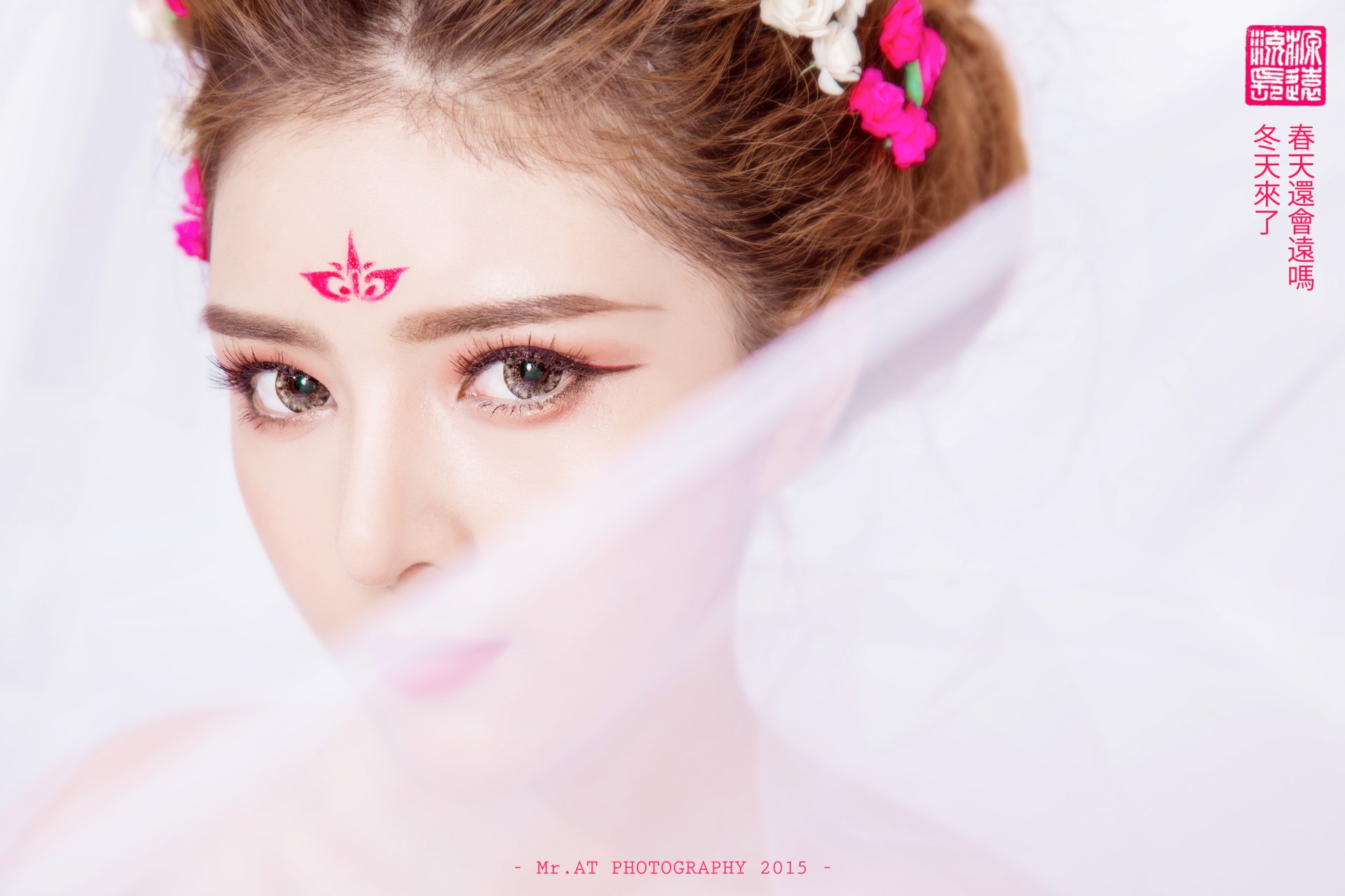 Close-up portrait of a Vietnamese woman, Lilly Luta, with traditional face decoration and soft pink floral accents, captured in 4K Ultra HD for a PC desktop wallpaper.