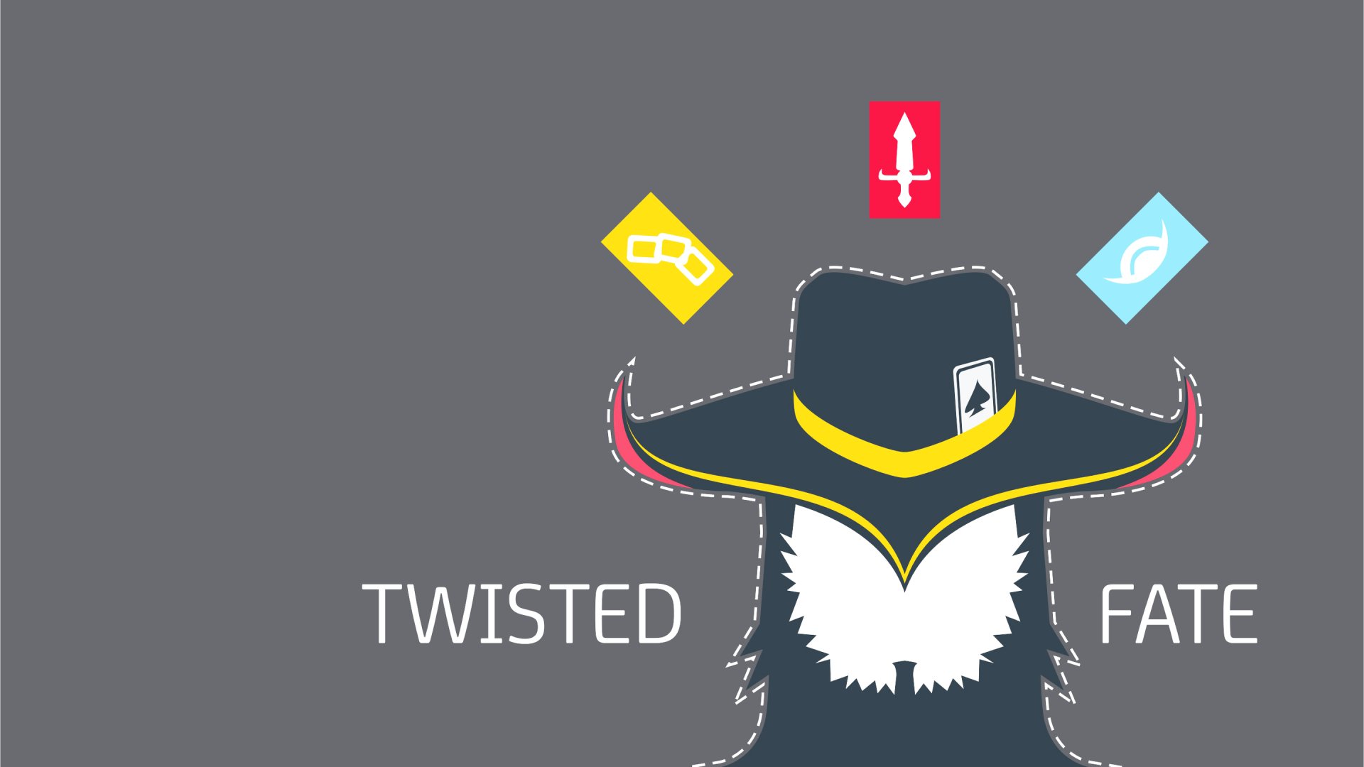 HD PC desktop wallpaper featuring Twisted Fate from League of Legends, showcasing his iconic hat and card icons against a minimalist gray background.