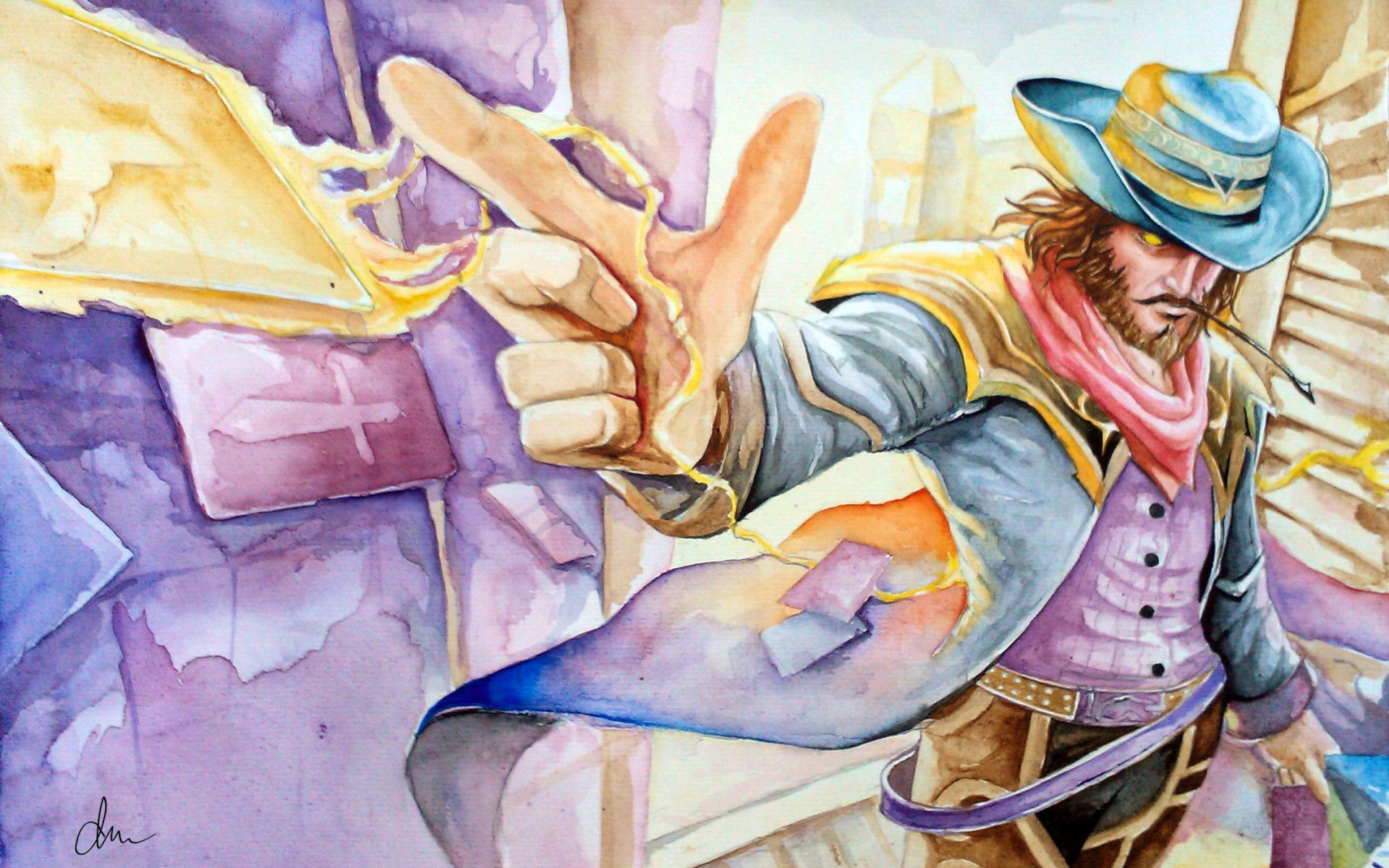 Vibrant HD PC wallpaper of Twisted Fate from the video game League of Legends — watercolor-style gunslinger throwing a glowing card against a sunlit city backdrop.