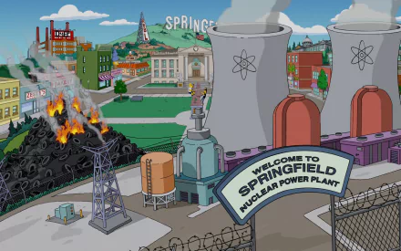 HD desktop wallpaper featuring Springfield Nuclear Power Plant and town from The Simpsons TV show, showcasing iconic landmarks and buildings in vibrant detail.