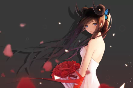 Anime artwork featuring a girl with horns, wearing a white dress and holding a bouquet of red roses. Background is dark with scattered rose petals. Image tagged: rose, horns, dress, Anime, Original. HD wallpaper.