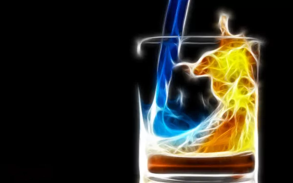 A visually striking HD desktop wallpaper depicting an artistic representation of blue and yellow elemental fluids swirling together in a glass against a black background.