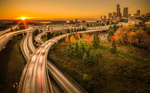 Man Made Seattle Cities United States Washington Highway Skyline Sunset HD Wallpaper | Background Image