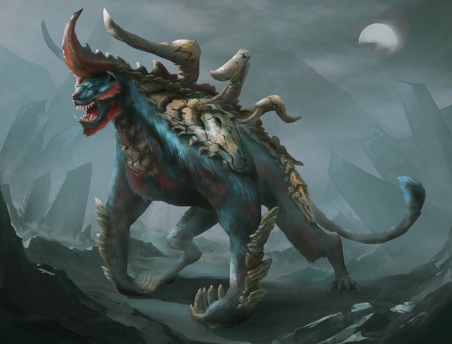 HD PC desktop wallpaper/background: a towering fantasy creature with blue-green skin, horns, tusks and armored plates prowling a misty rocky landscape.